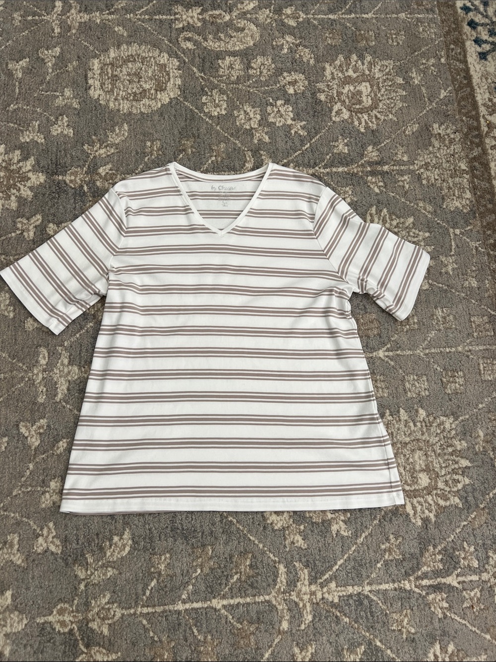 Chico's White and Taupe Striped V-Neck Short Sleeve Top